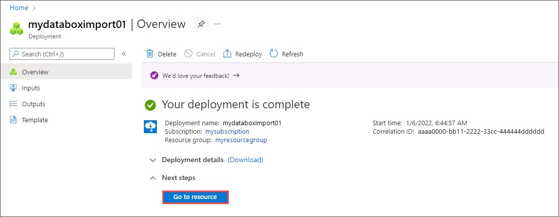 Data Box 订单的“已完成部署”的屏幕截图。突出显示了“转到资源”按钮。