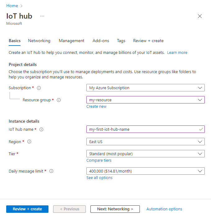 显示如何在 Azure 门户中创建 IoT 中心的屏幕截图。