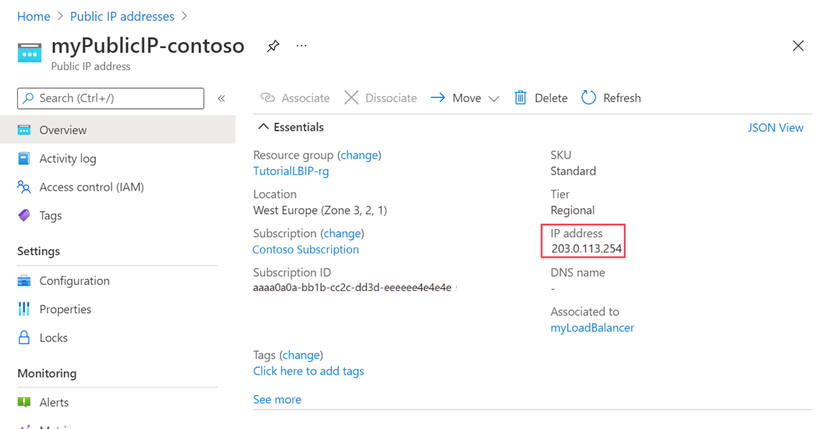 myPublicIP-fabrikam 公共 IP 地址的屏幕截图。