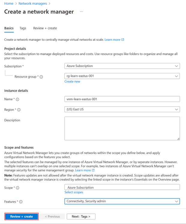 创建网络管理器的基本信息屏幕截图。