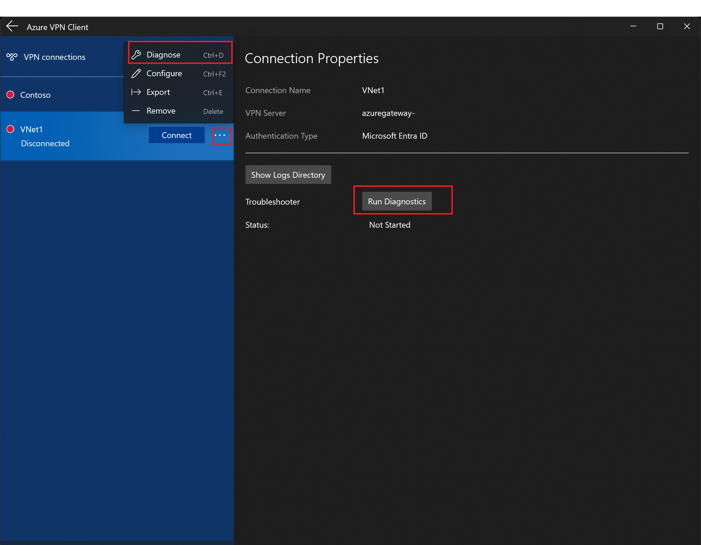 省略号和选中的“诊断”的屏幕截图。