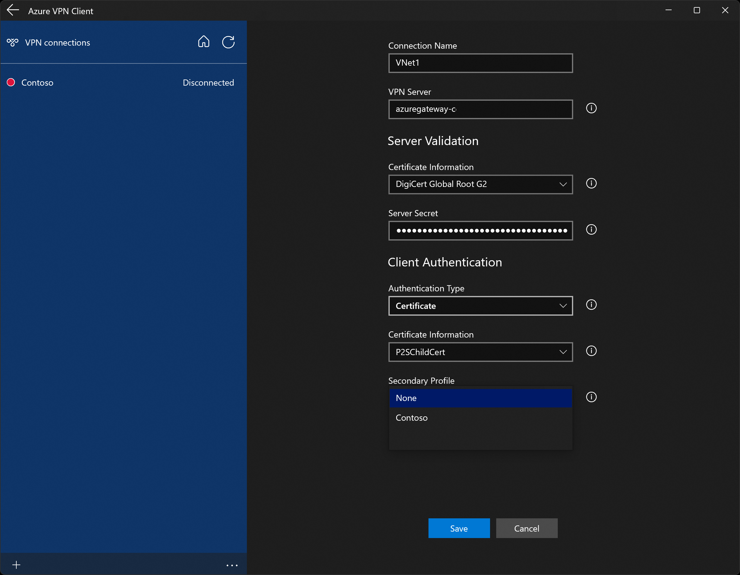 显示 Azure VPN 客户端配置文件配置页的屏幕截图。