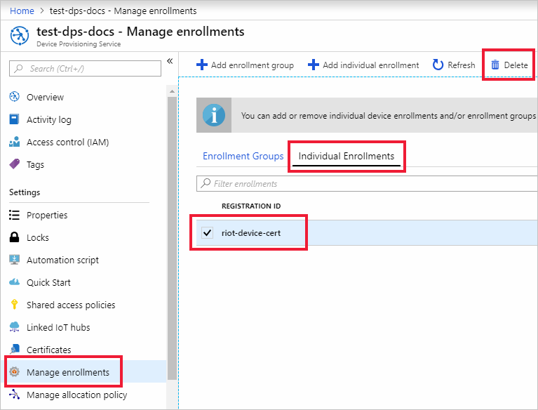 显示删除门户中单个注册记录的屏幕截图。