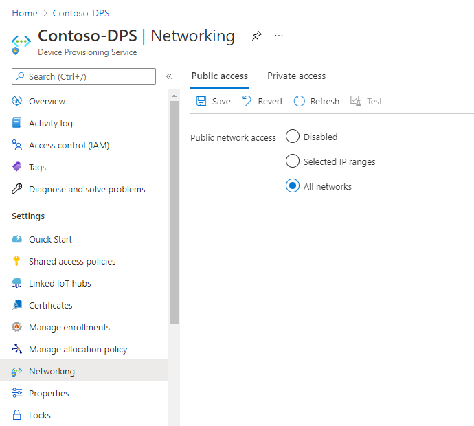 显示 Azure 门户中 IoT DPS 默认 IP 筛选器设置的屏幕截图。