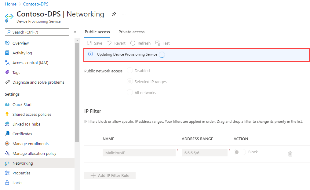 显示在 Azure 门户中保存 IP 筛选器规则时显示的通知的屏幕截图。