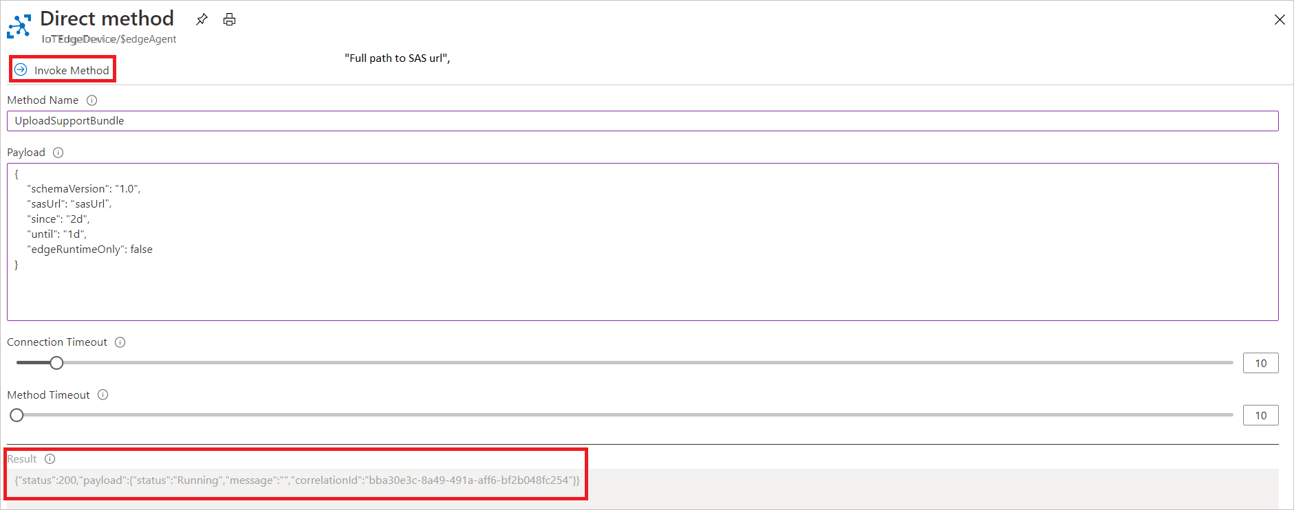 在 Azure 门户中调用 UploadSupportBundle 直接方法的截图。