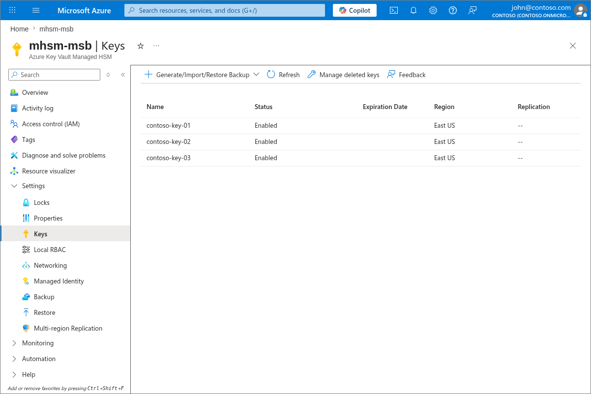 在 Azure 门户中托管 HSM 的“密钥”边栏选项卡的截图。