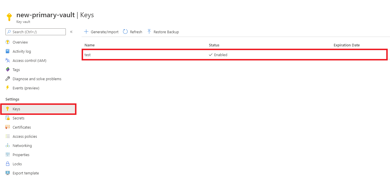 显示在密钥保管库中选择密钥设置和对象的位置的屏幕截图。