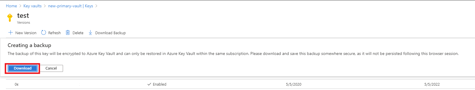 屏幕截图显示密钥保管库中“下载”按钮的位置。