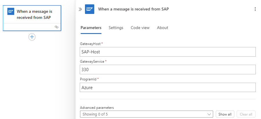 屏幕截图显示了工作流以及一个经过最小配置的 SAP 托管连接器触发器。