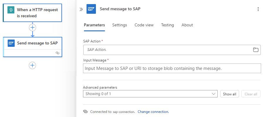 屏幕截图显示了包含名为“向 SAP 发送消息”的 SAP 托管连接器操作的使用工作流。
