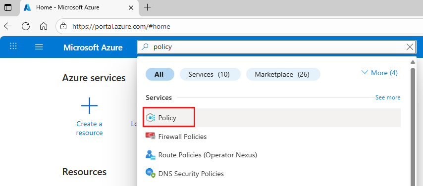 屏幕截图显示 Azure 门户搜索框，其中已输入“策略”（Policy）并突出显示“策略”。