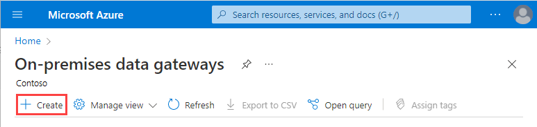 屏幕截图显示本地数据网关的页面，其中选择了“创建”选项。