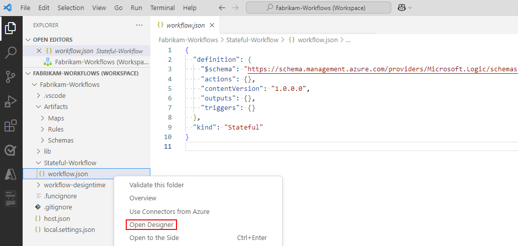 屏幕截图显示“资源管理器”窗格和 workflow.json 文件快捷菜单，其中已选择“打开设计器”。