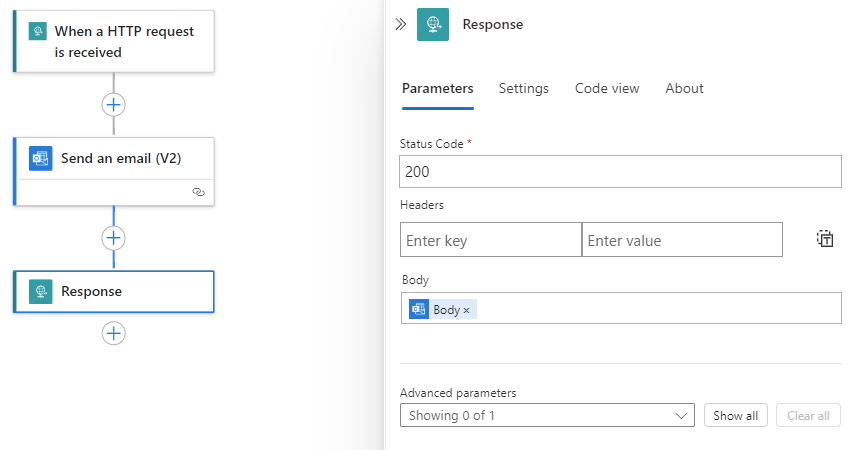 屏幕截图显示了工作流设计器和“响应信息”窗格，并且 Body 参数设置为来自名为“发送电子邮件”操作的正文输出。