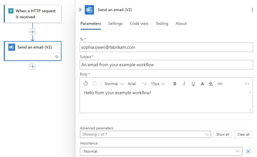 屏幕截图显示了名为“发送电子邮件”的 Office 365 Outlook 操作的信息。