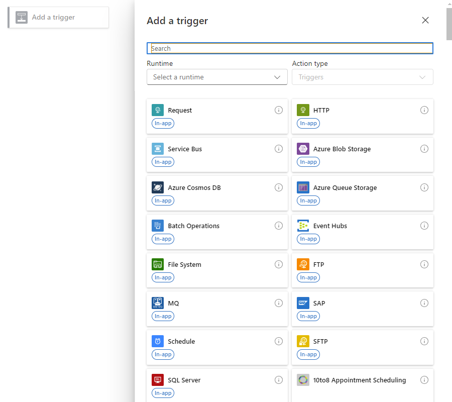 屏幕截图显示了工作流设计器、名为“添加触发器”的所选提示，以及包含触发器的连接器和作组的库。