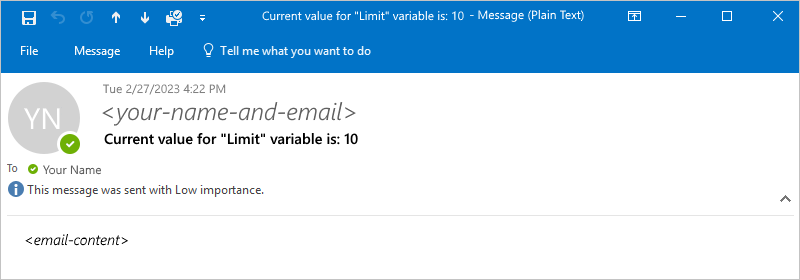 屏幕截图显示了从示例工作流收到的示例电子邮件。
