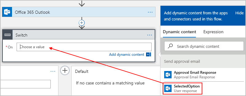 屏幕截图显示了动态内容列表，其中突出显示了 SelectedOption 值。
