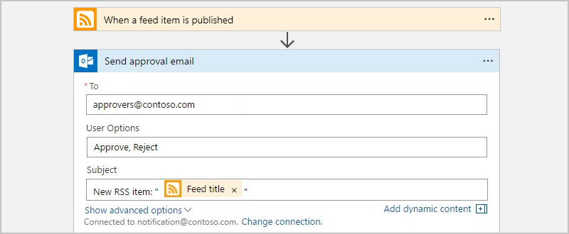 屏幕截图显示了“发送审批电子邮件”动作，其中包含可供输入地址和用户选项值的参数。