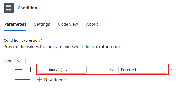 屏幕截图显示了条件操作，其中显示了要评估的示例条件。