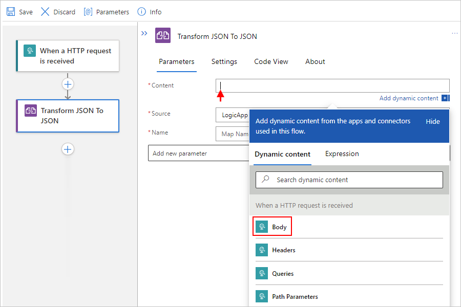 屏幕截图显示标准工作流，Liquid 操作的“内容”属性，此时动态内容列表已打开，并且选择了“主体”令牌。