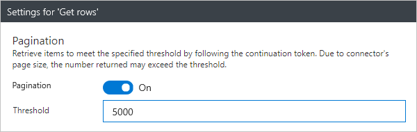 屏幕截图显示了操作信息窗格，其中包含“设置”选项卡、“分页”设为“开”，以及“阈值”数值。