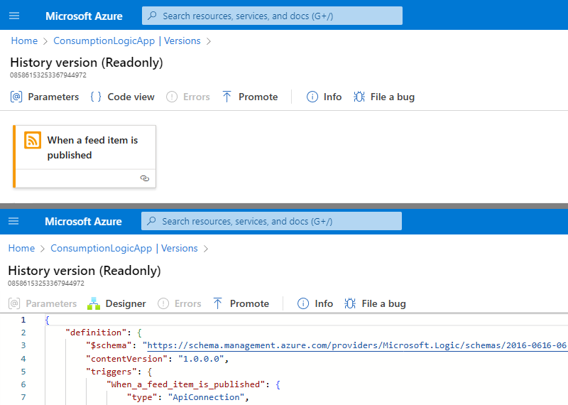 屏幕截图显示了具有设计器视图和代码视图选项的历史记录版本页。