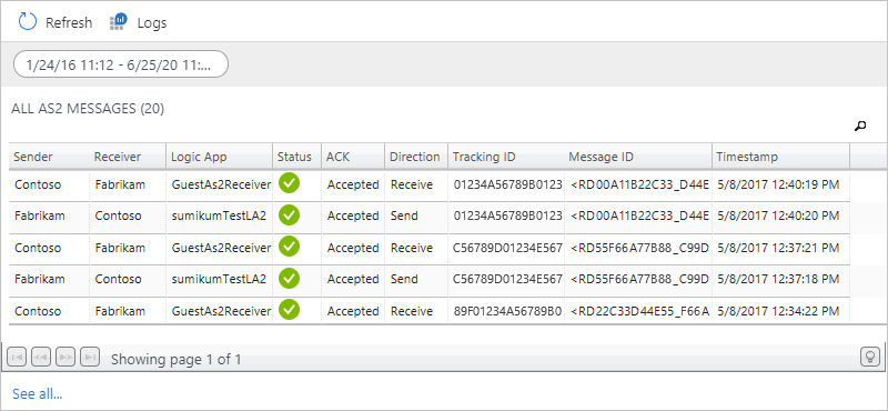 屏幕截图显示了 AS2 消息的状态和详细信息。