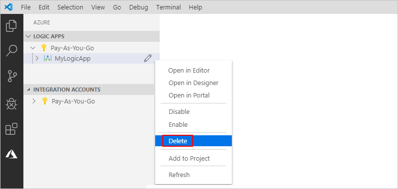 截图显示 Visual Studio Code 以及如何删除逻辑应用程序资源。