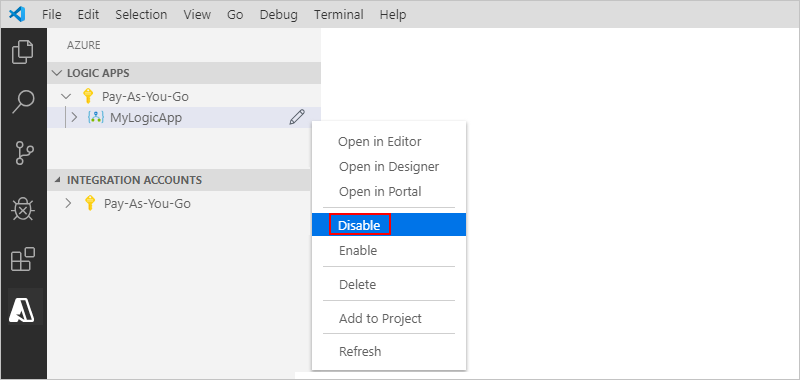 显示 Visual Studio Code 以及如何禁用逻辑应用资源的截图。
