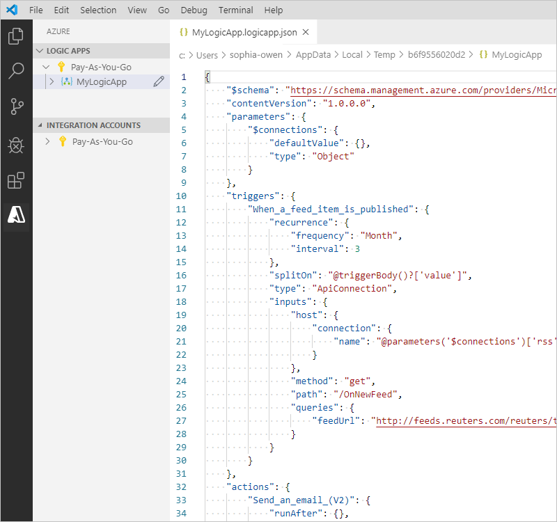 截图显示了 Visual Studio Code 和打开的逻辑应用工作流定义文件。