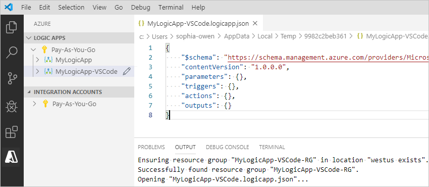 显示 JSON 文件中空逻辑应用工作流定义的框架的屏幕截图。