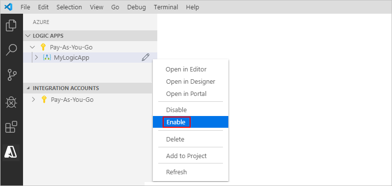 显示Visual Studio Code以及如何启用逻辑应用资源的屏幕截图。