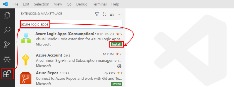 截图展示如何在 Visual Studio Marketplace 中查找和安装 Azure Logic Apps Consumption 扩展。