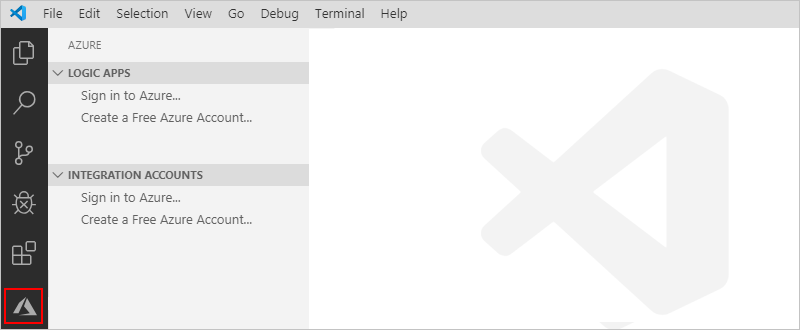 截图，显示 Visual Studio Code、活动栏和所选 Azure 图标。