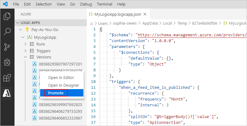 显示Visual Studio Code以及如何将早期逻辑应用版本提升到当前版本的屏幕截图。