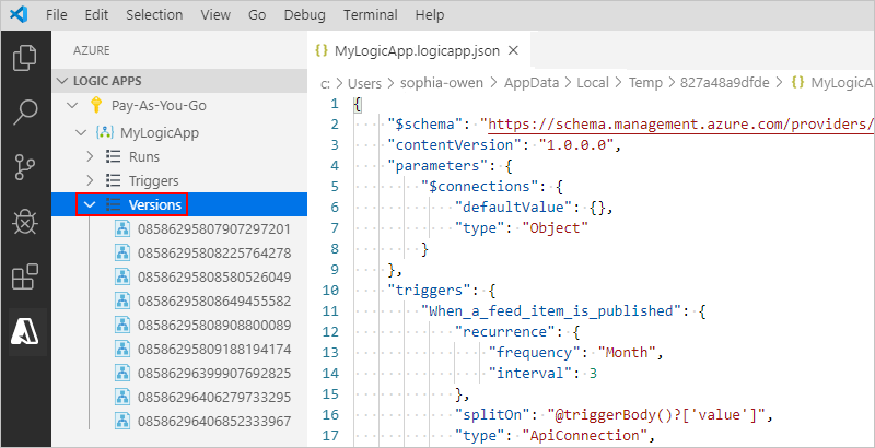 Screenshot，显示Visual Studio Code和逻辑应用的早期版本.