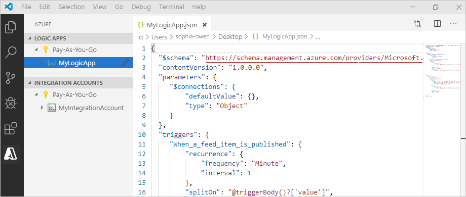 显示在 Visual Studio Code 中的一个消费逻辑应用工作流定义示例的截图。