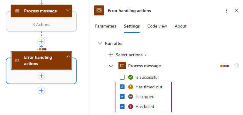 屏幕截图显示错误处理范围并在设置后运行。