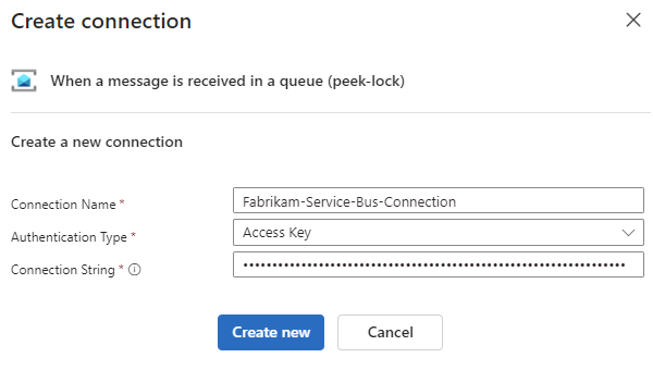 屏幕截图显示了“Consumption 工作流”中的“服务总线连接”窗格。