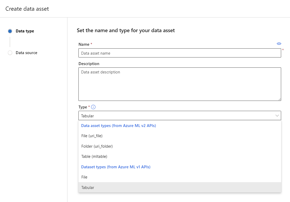 显示数据资产的名称、说明和类型的设置的屏幕截图。