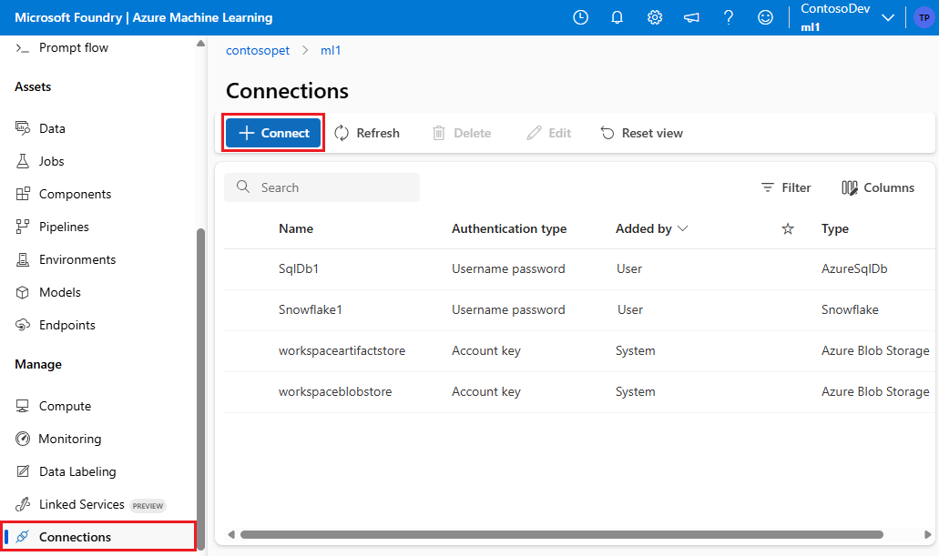 显示 Azure 机器学习工作室 UI 中开始创建新连接的屏幕截图。