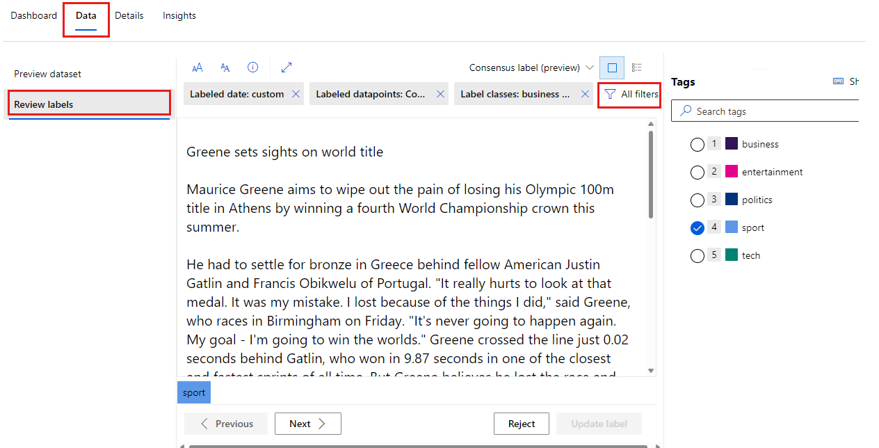 屏幕截图显示如何选择筛选器以审查共识标签问题。
