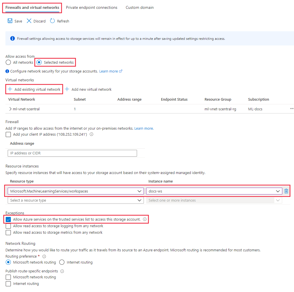  Azure Storage 页上的网络区域位于 Azure portal