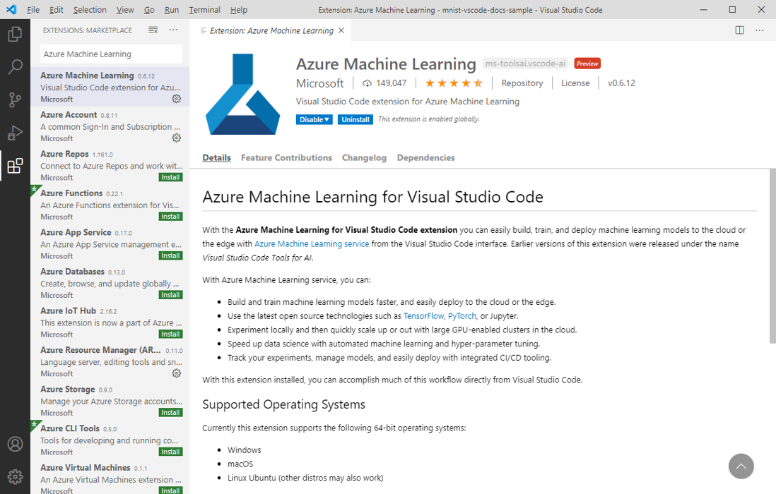 Install Azure Machine Learning VS Code 扩展