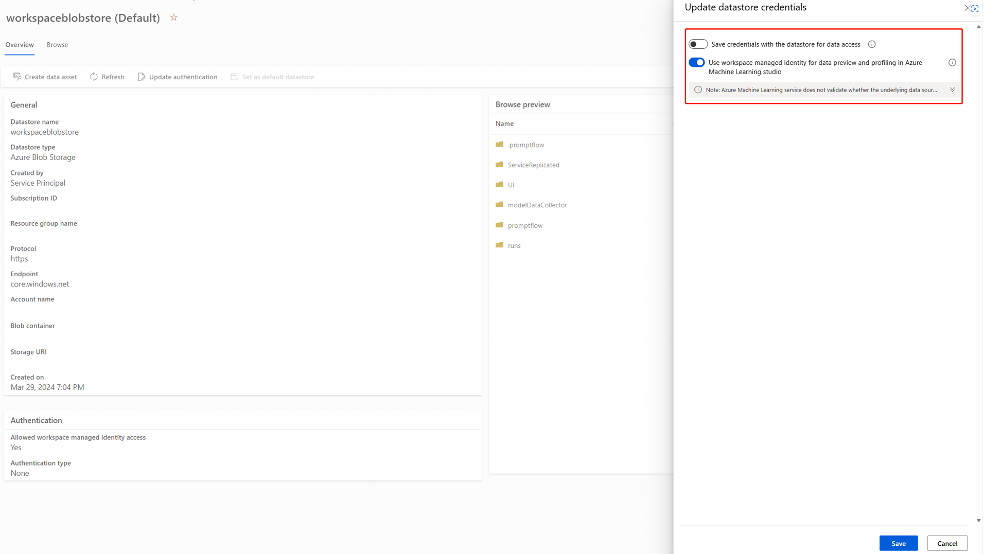 屏幕截图显示更新基于 blob 的数据存储的身份验证类型。