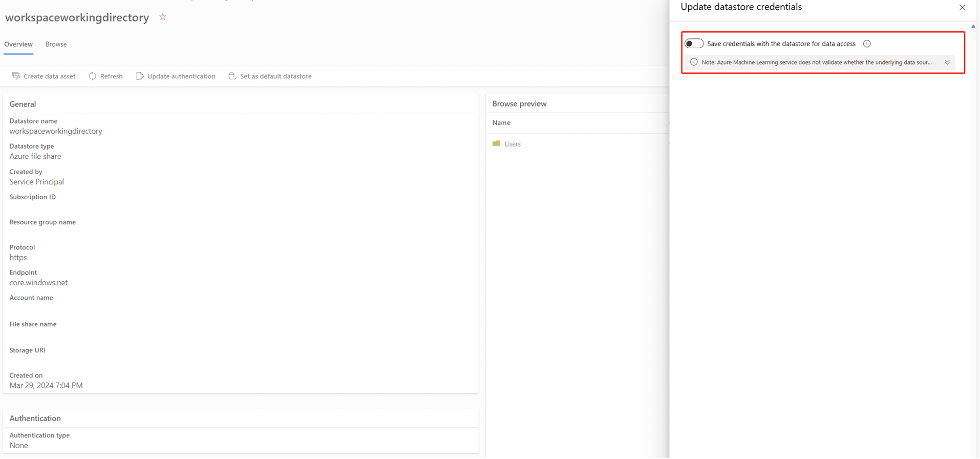 屏幕截图显示更新基于文件共享的数据存储的身份验证类型。