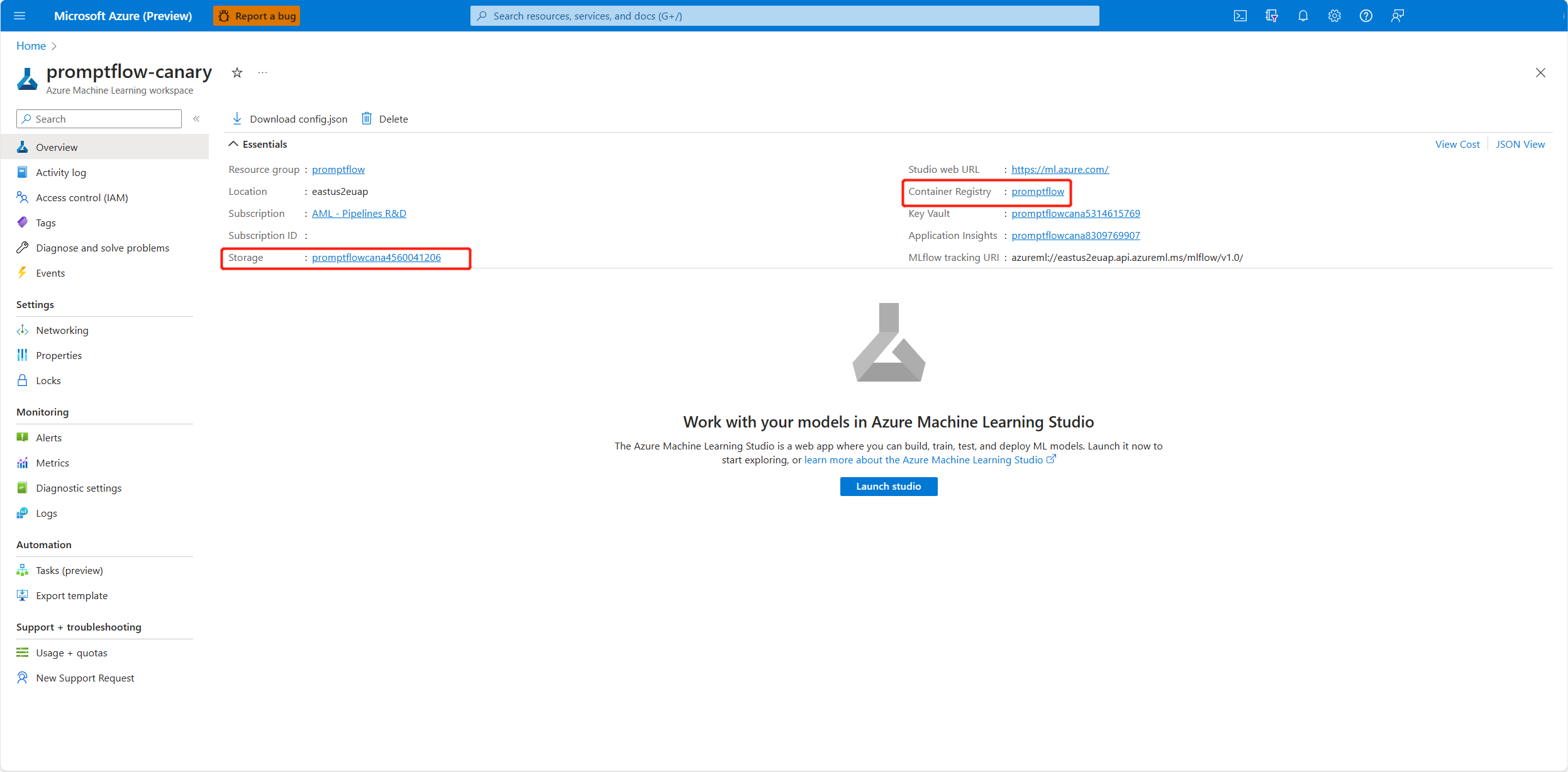 “概述”页面的屏幕截图突出显示了存储和容器注册表。