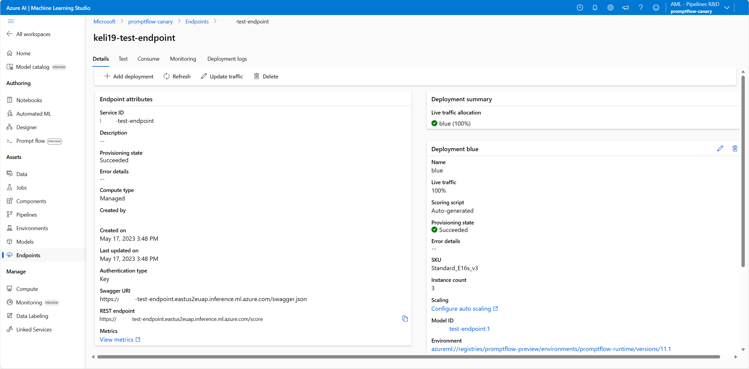 “终结点详细信息”页的屏幕截图显示部署成功。